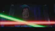 Luke's green lightsaber is closer to the Emperor than Vader's red one.