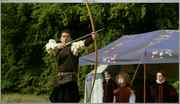 Long shot showing the Earl of Suffolk drawing a bow like a Frenchman!